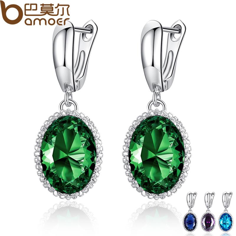 BAMOER Big Green Stone Drop Earrings Engagement Jewelry YIE105-GN