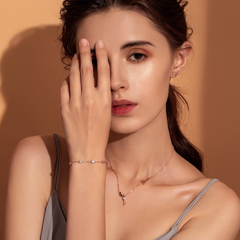 925 Sterling Silver Key Lock of Love Gold Color Necklaces Bracelets Jewelry Sets Wedding Authentic Silver Jewelry Set