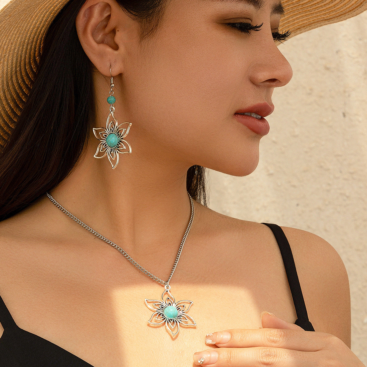 Holiday Ethnic Style Pine Stone Coconut Tree Necklace Simple Thread Love Neck Jewelry Set