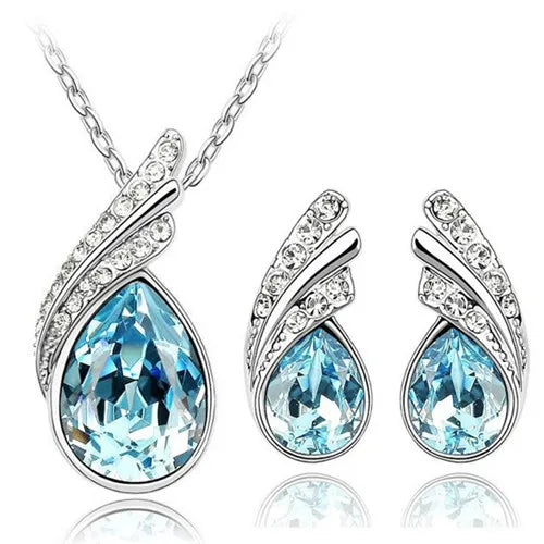 Wholesales bridal Jewelry set Austrian Crystal fashion leaf tear feather Water drop pendant necklace earrings jewelry sets