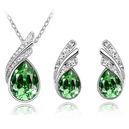 Wholesales bridal Jewelry set Austrian Crystal fashion leaf tear feather Water drop pendant necklace earrings jewelry sets