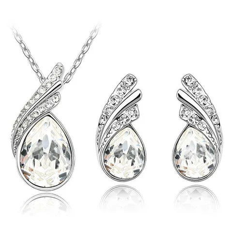 Wholesales bridal Jewelry set Austrian Crystal fashion leaf tear feather Water drop pendant necklace earrings jewelry sets