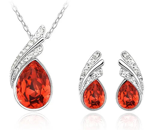 Wholesales bridal Jewelry set Austrian Crystal fashion leaf tear feather Water drop pendant necklace earrings jewelry sets