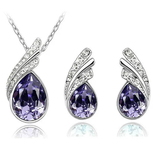 Wholesales bridal Jewelry set Austrian Crystal fashion leaf tear feather Water drop pendant necklace earrings jewelry sets