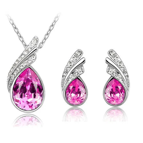 Wholesales bridal Jewelry set Austrian Crystal fashion leaf tear feather Water drop pendant necklace earrings jewelry sets